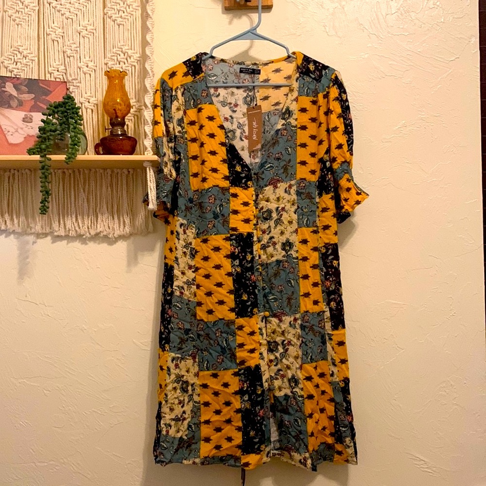 Patchwork button front mini dress